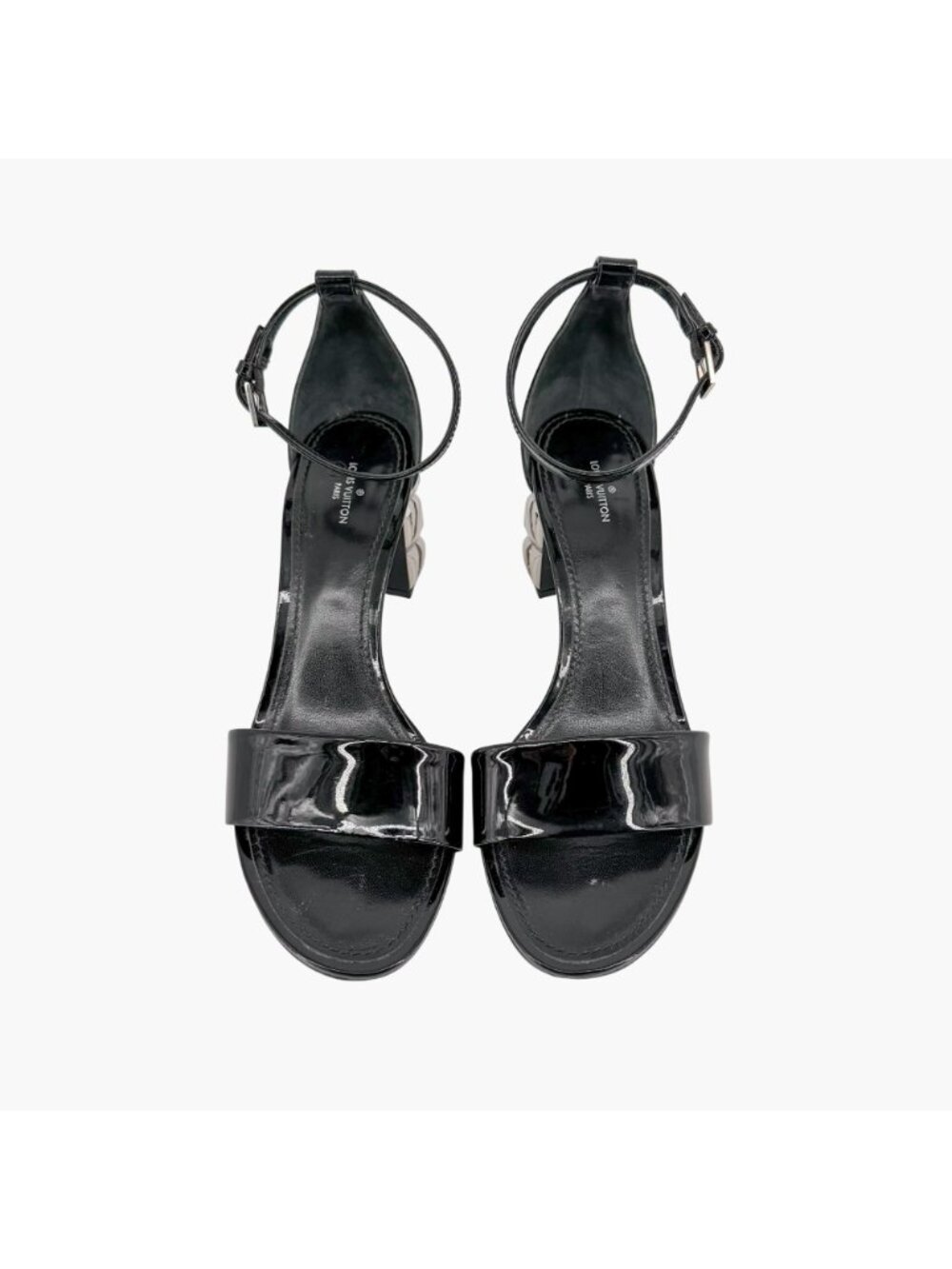 Louis Vuitton Silver Light LV Block Heel Sandals Black Patent Size 38.5 US 8.5 - Picture 2 of 15
